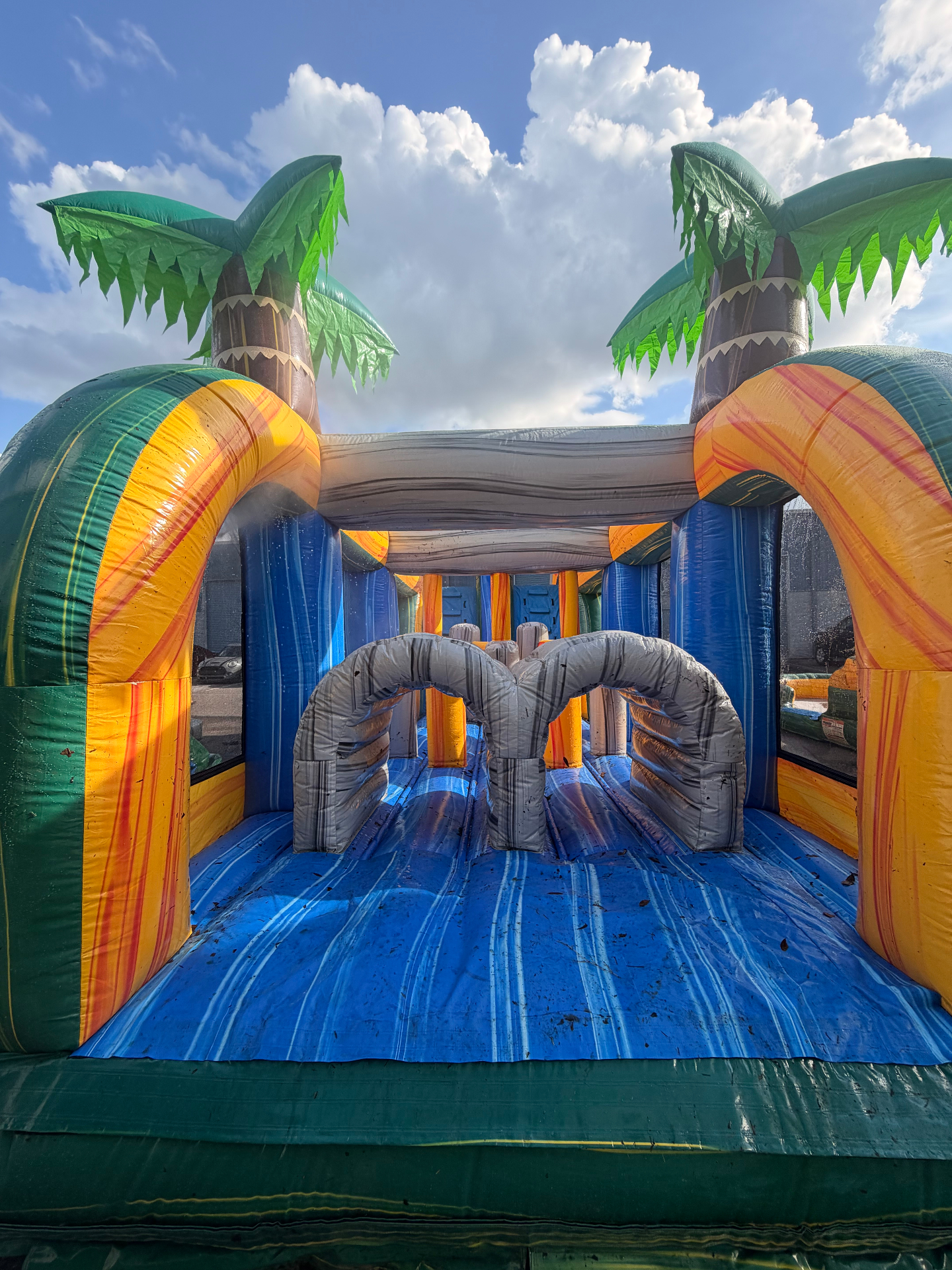 Inflatable interior with leaves, dirt, and debris on the surface before cleaning