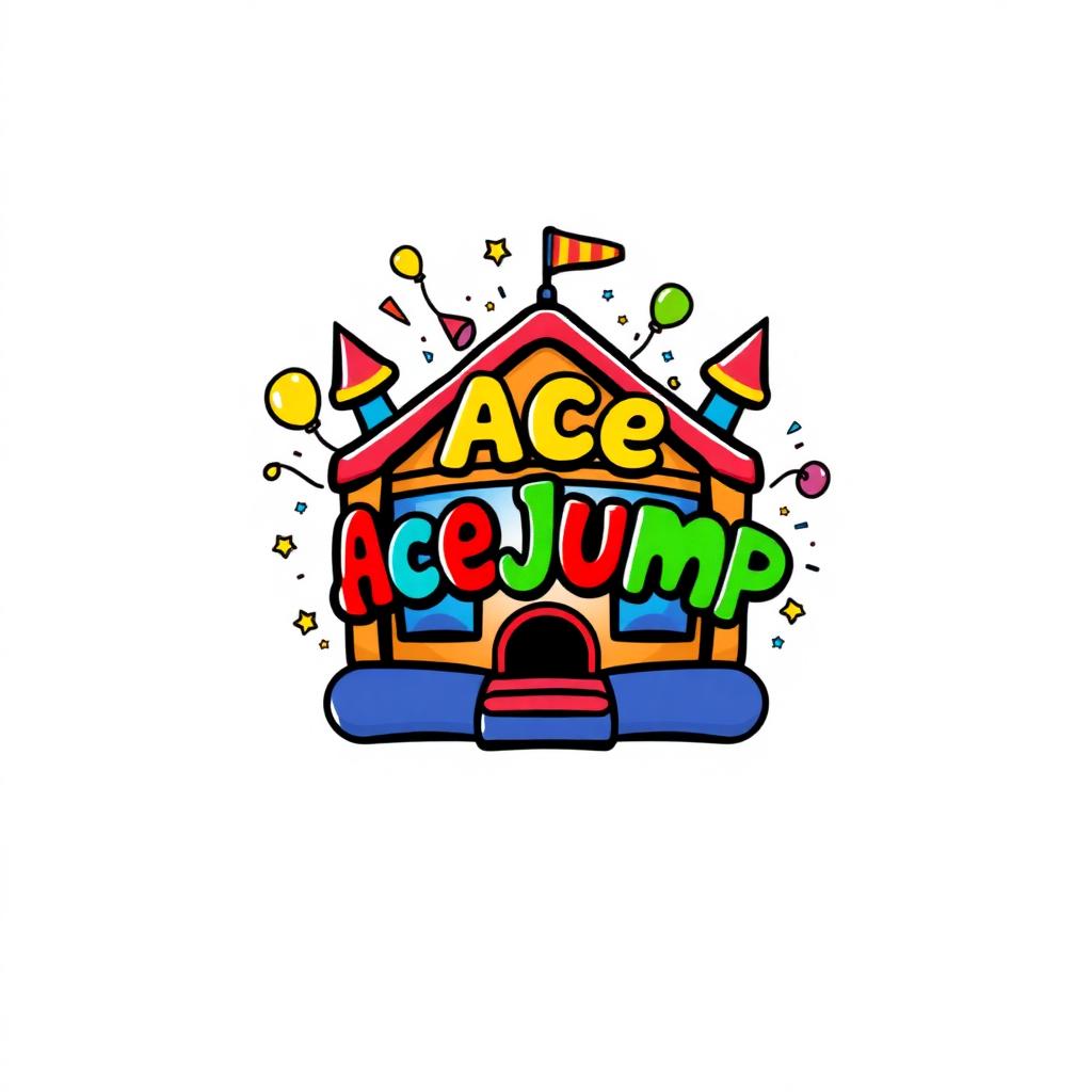 Cluttered cartoon clip-art bounce house logo with multiple clashing rainbow colors and balloons