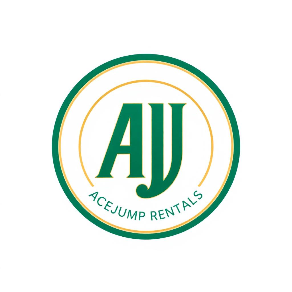 Circular badge monogram with interlocking AJ initials in emerald and gold