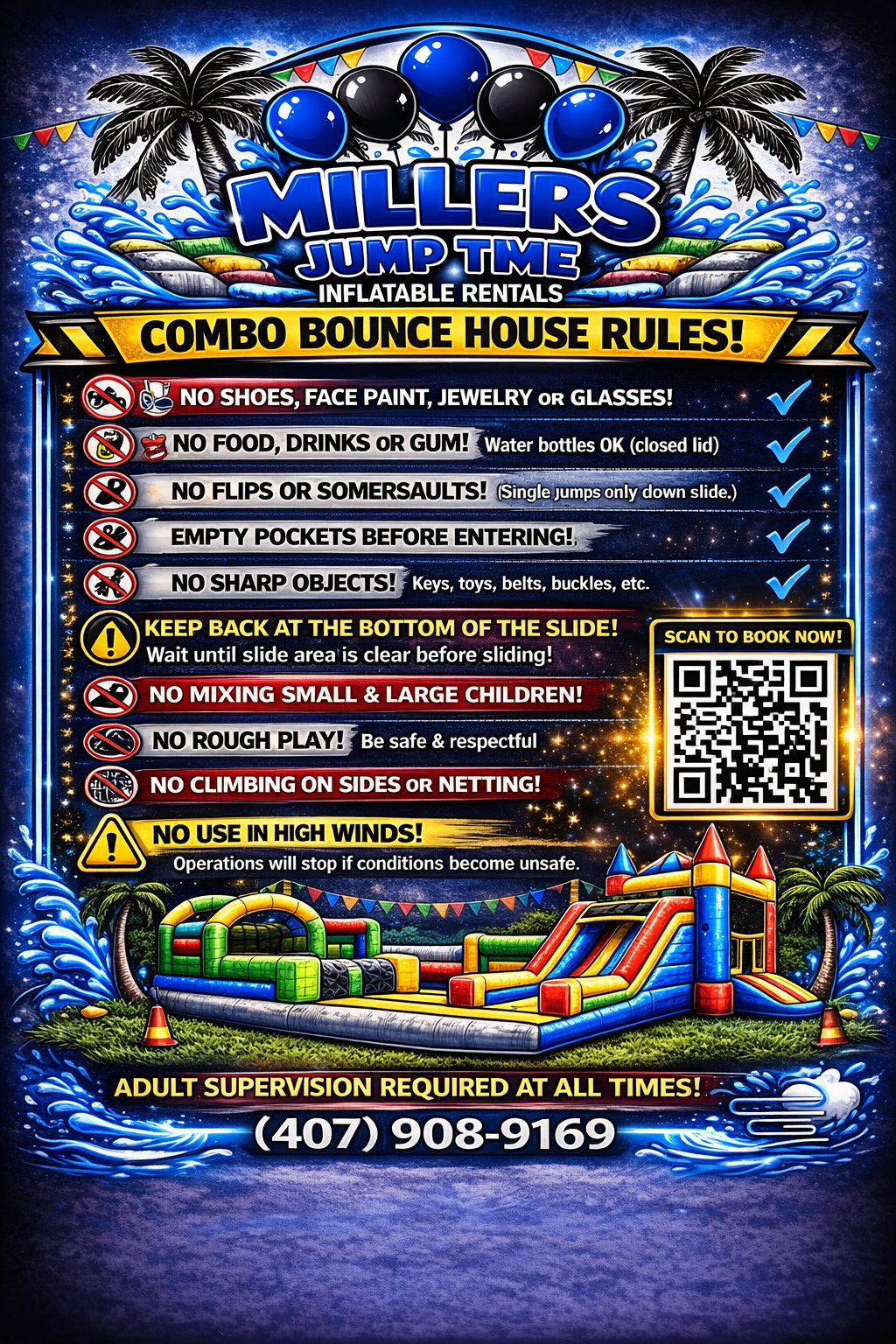 Miller's Jump Time combo bounce house rules sign with QR code, listing no flips, keep back at bottom of slide, no mixing of small and large children, and high wind warning.